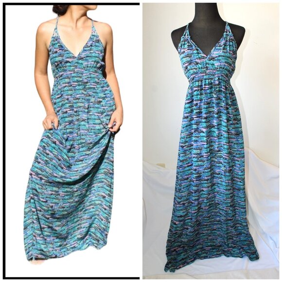 NWT Rieley Braided 100% silk blue maxi dress Size M Cross back Saks Fifth Avenue - Picture 1 of 13